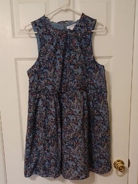 Lucky Brand Sz L, Blue Floral Ruffle Neck Tiered Dress. Fully Lined. Cotton.